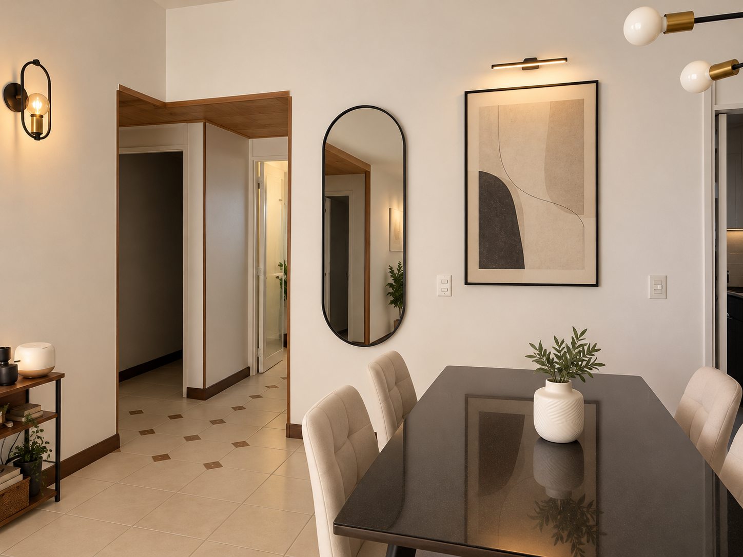 Comedor moderno con arte y espejo